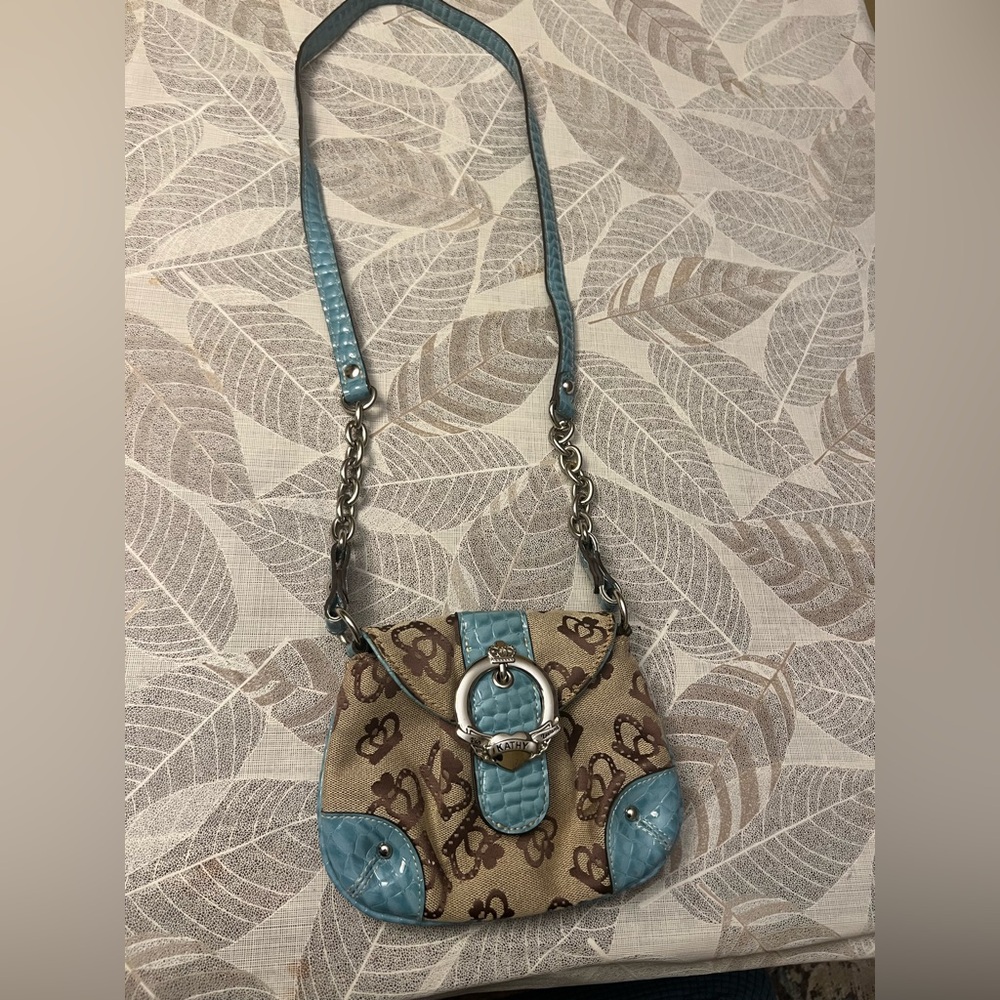 Kathy Van Zeeland Purse Tan Blue Signature Crown Small Crossbody Bag